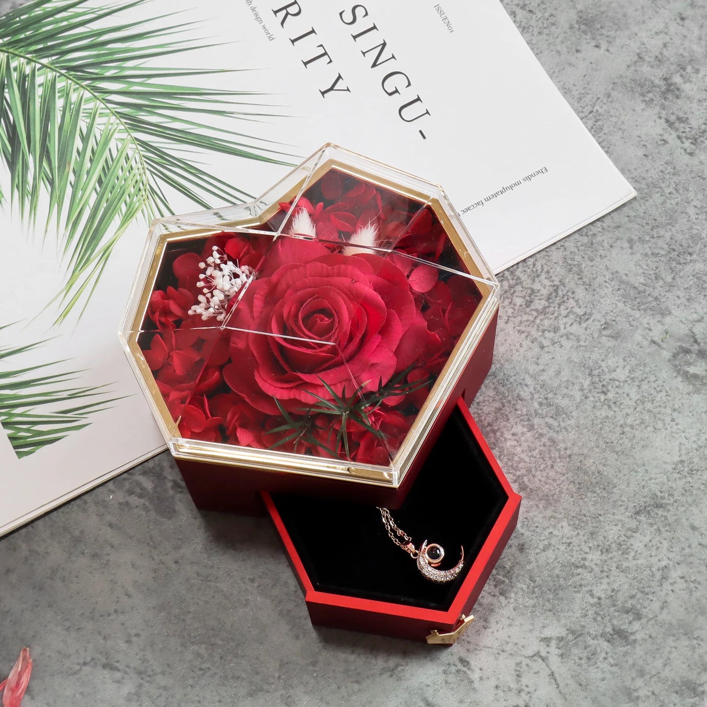 Soap Rose Heart Jewelry Gift Box with Necklace Set Eternal Rose Acrylic Jewelry Drawer Case Love Gifts for Christmas Valentine