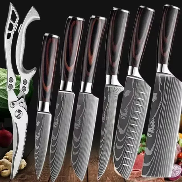 Laser Damascus Kitchen Knife Cleaver Meat Fruit Bread Knife Barbecue Boning Knife Cut Chicken Convenient Scissors Kitchen Knives