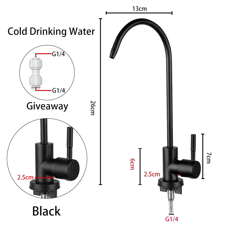 ULA 1/4"Kitchen Filtered Faucet Stainless Steel Direct Purifier Direct Drinking Tap Single Cold Water Sink Faucet Black/Brushed