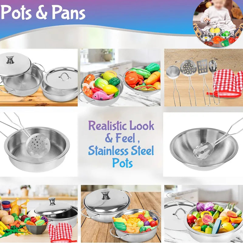 13/15/20PCS Kids Kitchen Toy DIY Pots and Pans Mini Stainless Steel Cookware Pretend Cooking Utensils Toy Set