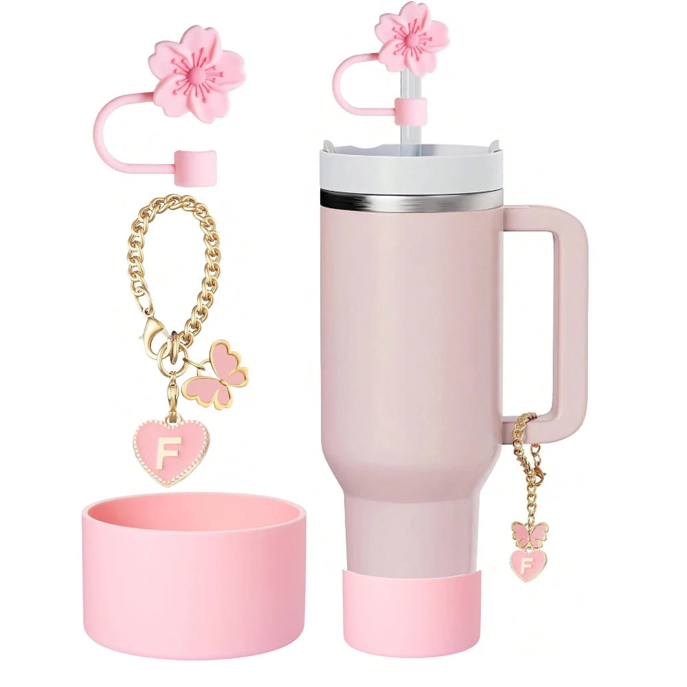 3pcs Accessories Set for Stanley Cup 30oz 40oz Tumbler, Initial Heart Charm,10mm Flower Cap Topper Cover Silicone Boot for Gift