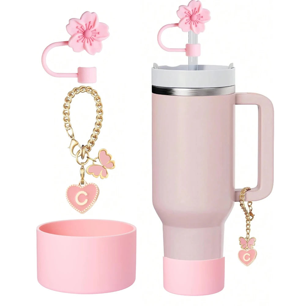 3pcs Accessories Set for Stanley Cup 30oz 40oz Tumbler, Initial Heart Charm,10mm Flower Cap Topper Cover Silicone Boot for Gift