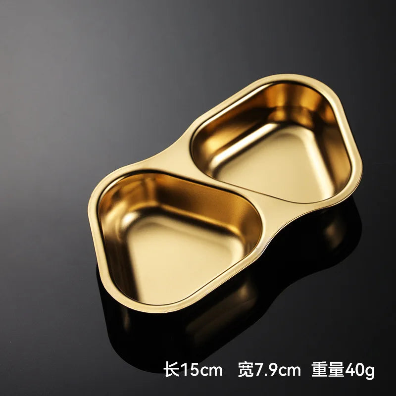 2 Grid Stainless Steel Sauce Dish Divided Seasoning Plate Hot Pot Dipping Bowl Vinegar Soy Spice Condiment Trays for Kitchen