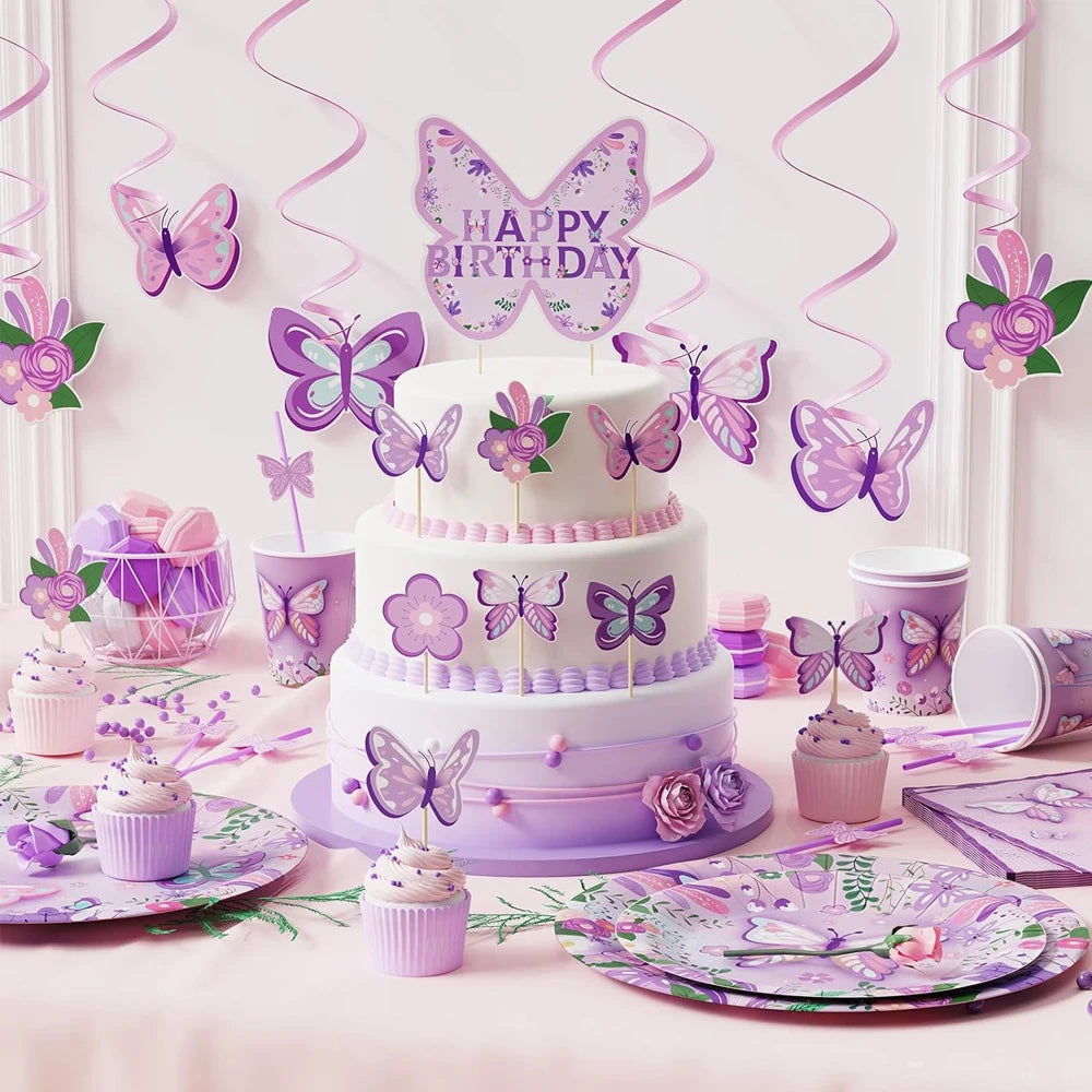 Pink Purple Butterfly Disposable Tableware Paper Plate Cup Napkin Banner Butterfly Birthday Party Decor Baby Shower Wedding Supp