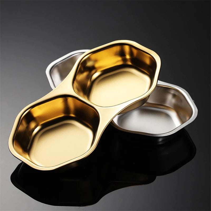 2 Grid Stainless Steel Sauce Dish Divided Seasoning Plate Hot Pot Dipping Bowl Vinegar Soy Spice Condiment Trays for Kitchen