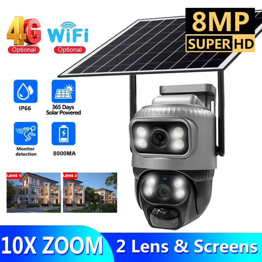 V380 Dual Lens 4G Camera Solar PIR Human Detection Night Vision Waterproof Security Video IP Camara 8MP 4K Battery CCTV Monitor