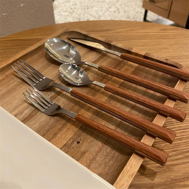 Wood Handle Cutlery Set Korean Stainless Steel Tableware Set Kitchen Knife Fork Spoon Chopsticks Dinnerware Set Tableware Set