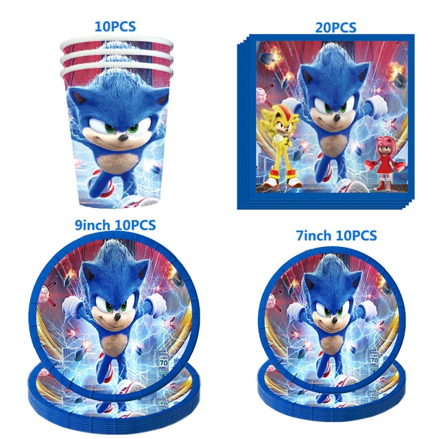 Kit Sonic Party Supplies Boys Birthday Party Paper Tableware Set Paper Plate Cup Napkins Baby Shower Decorations Sonic Gift Bags