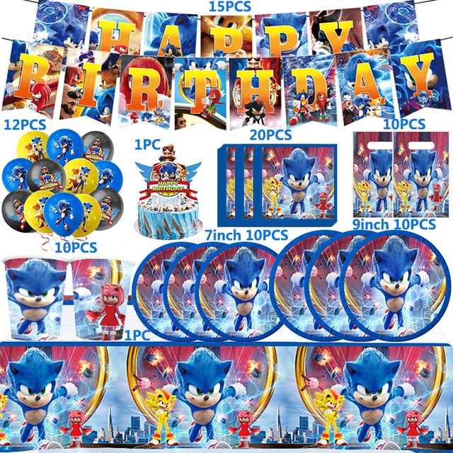 Kit Sonic Party Supplies Boys Birthday Party Paper Tableware Set Paper Plate Cup Napkins Baby Shower Decorations Sonic Gift Bags