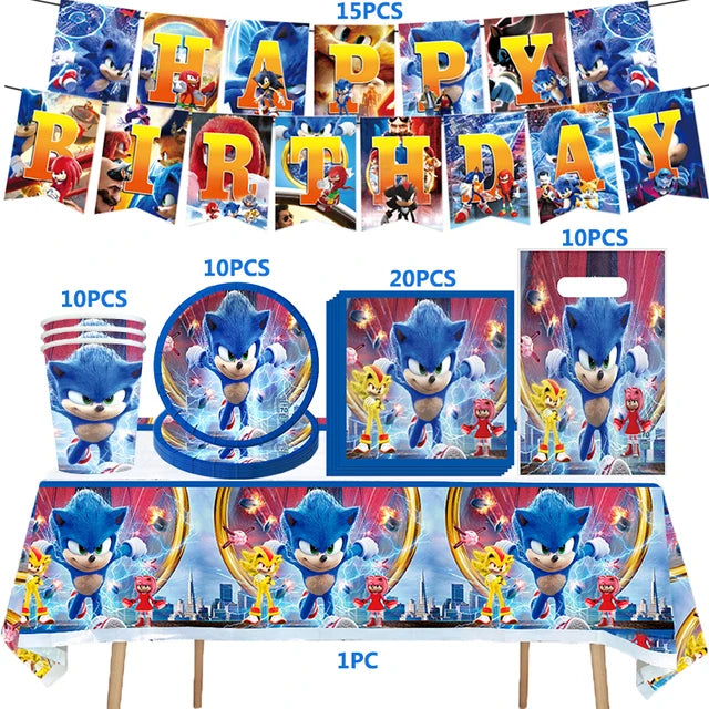 Kit Sonic Party Supplies Boys Birthday Party Paper Tableware Set Paper Plate Cup Napkins Baby Shower Decorations Sonic Gift Bags