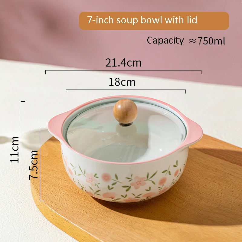 Korean Ceramic Tableware Set Rice Bowl Multi Home Kitchen Exquisite Peach With Lid Binaural Soup Bowl Pink Plate Handle Bowl