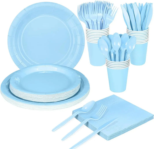 Solid Light Blue Theme Birthday Super Girls Decorations Party Disposable Tableware Paper Napkins Cups Plates Tablecloths Straws