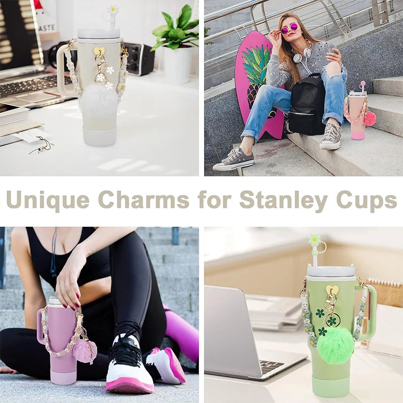 Stanley Cup Pendant Set Silicone Straw Cap Plush Ball Flower Pendant Chain Cup Accessories for Home Outside Water Cup Decoration