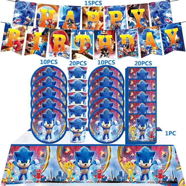 Kit Sonic Party Supplies Boys Birthday Party Paper Tableware Set Paper Plate Cup Napkins Baby Shower Decorations Sonic Gift Bags