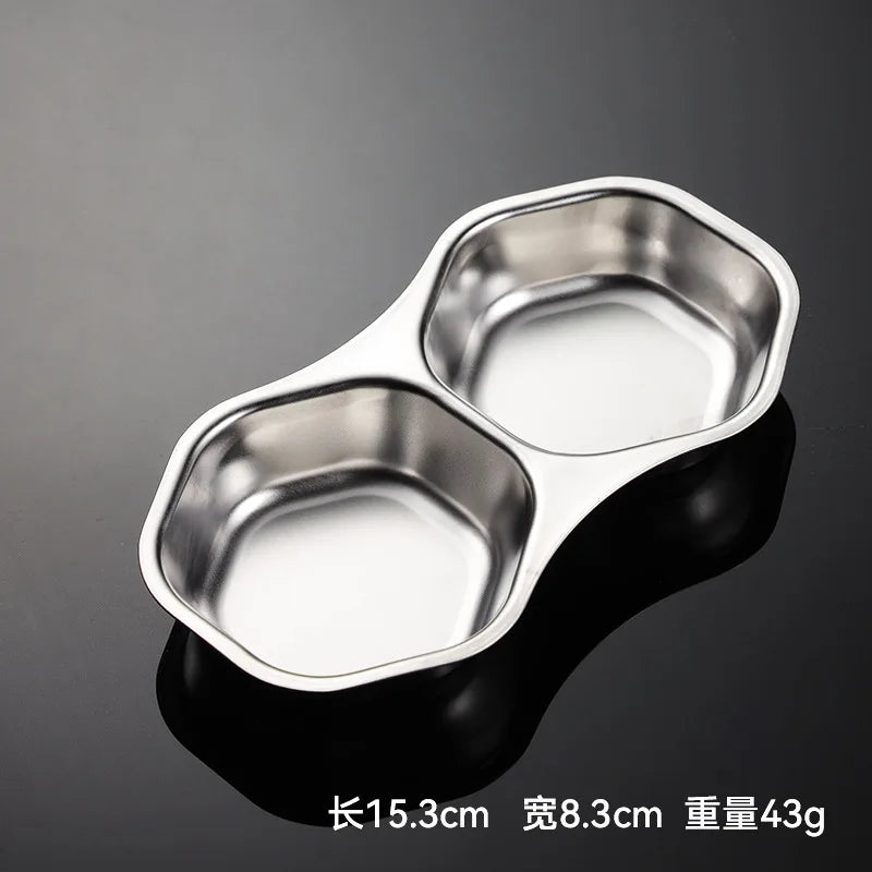 2 Grid Stainless Steel Sauce Dish Divided Seasoning Plate Hot Pot Dipping Bowl Vinegar Soy Spice Condiment Trays for Kitchen