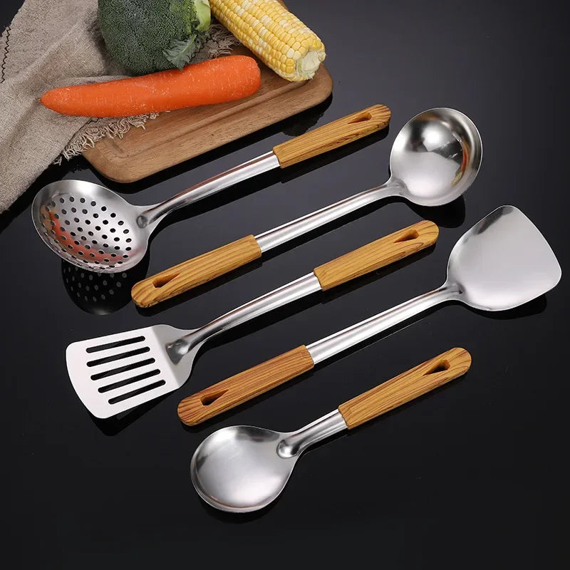 Stainless Steel Cookware Non-stick Pastry Spatula Wooden Handle Soup Ladle Rice Spoon Hot Pot Colander Kitchen Cooking Utensils