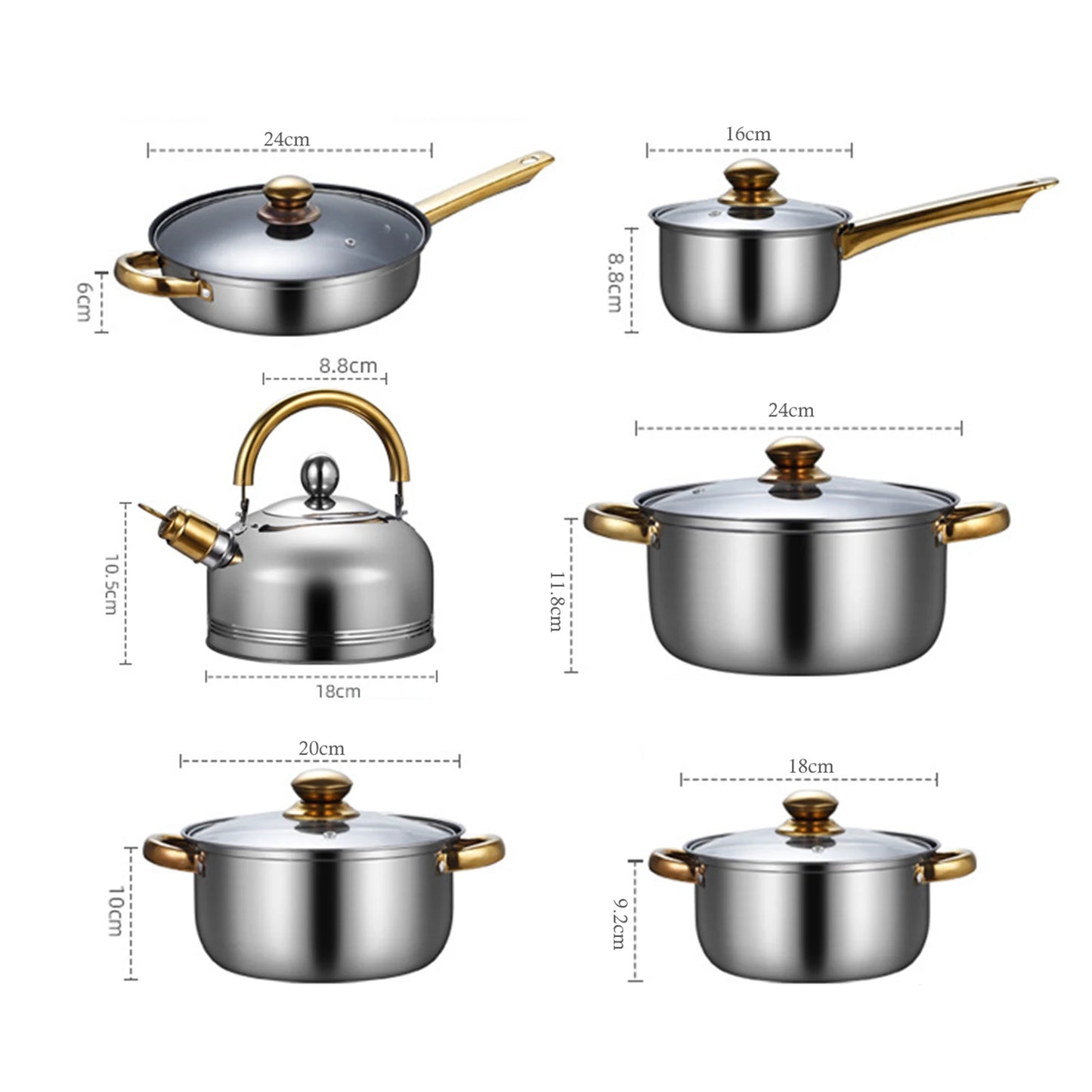 6Pcs Cookware Set with Glass Lid Frying Pan Soup Pot Saucepan Nonstick Pan Set 410 Stainless Steel for Home Kitchen Cooking