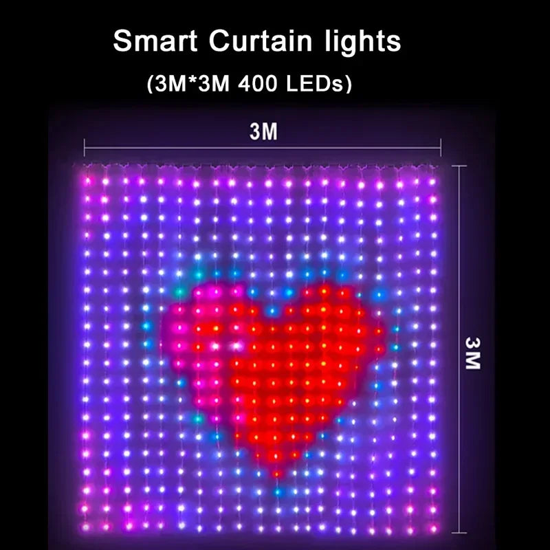 400LEDs Smart Curtain Lights Bluetooth App LED String RGB Fairy Lights DIY Music Change Display for Window Bedroom Decoration