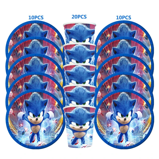 Kit Sonic Party Supplies Boys Birthday Party Paper Tableware Set Paper Plate Cup Napkins Baby Shower Decorations Sonic Gift Bags