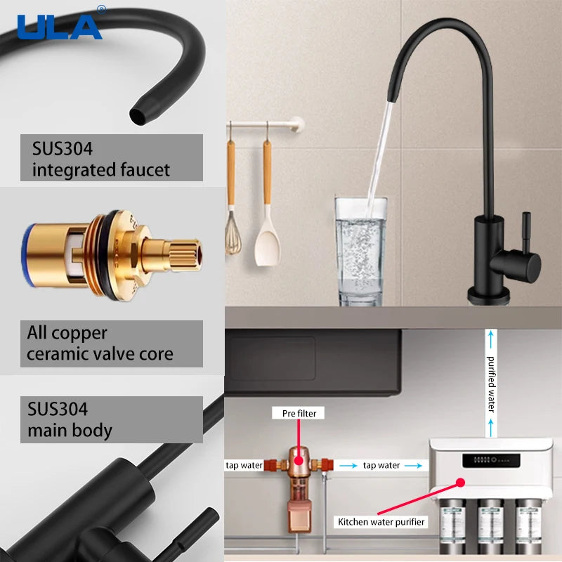 ULA 1/4"Kitchen Filtered Faucet Stainless Steel Direct Purifier Direct Drinking Tap Single Cold Water Sink Faucet Black/Brushed