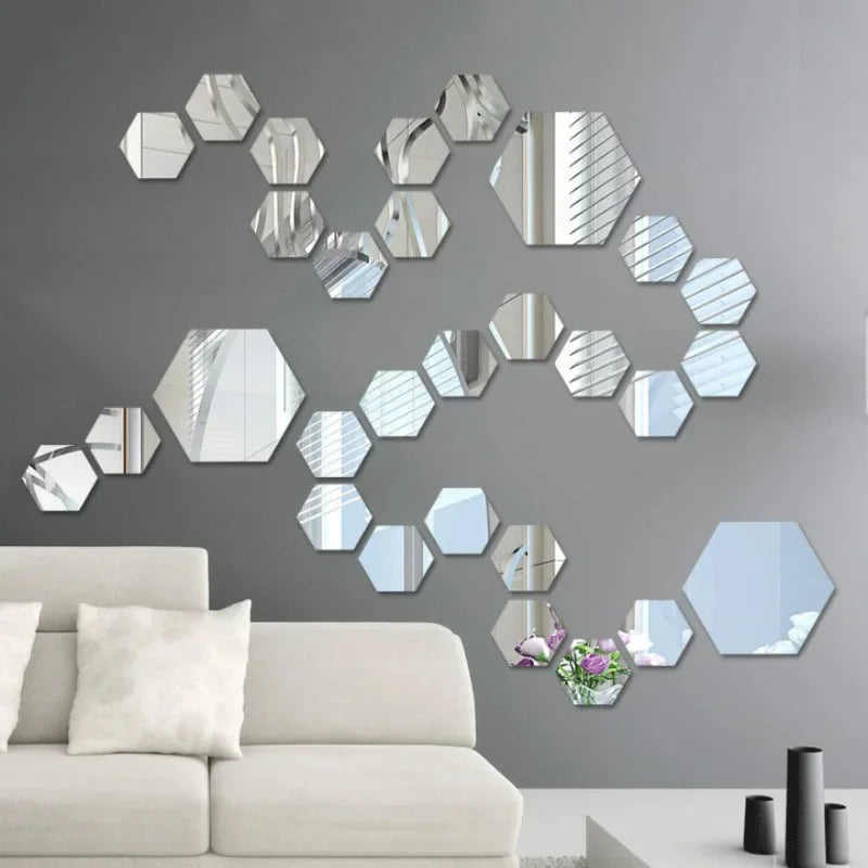 12PCs 3D acrylic mirror wall sticker home decor hexagon DIY decorations removable living-room decal art ornaments for home