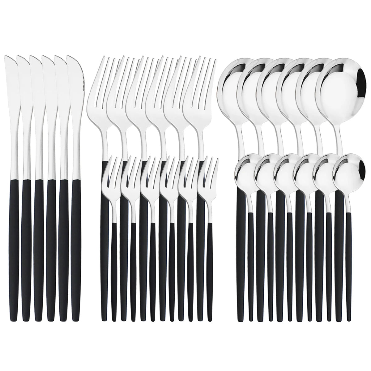 30pcs Black Silver Cutlery Set Knife Fruit Forks Cake Fork Tea Spoon Dinnerware Stainless Steel Tableware Set Party Kitchen Tool