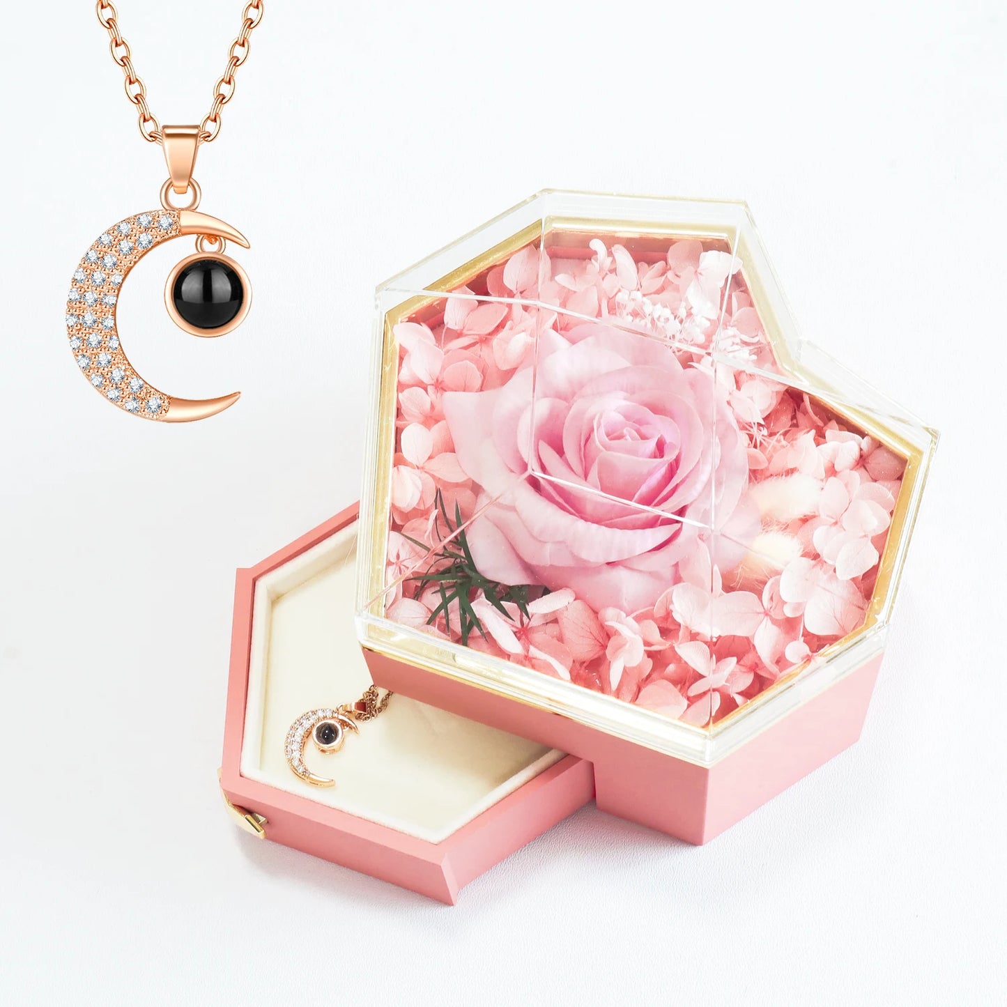 Soap Rose Heart Jewelry Gift Box with Necklace Set Eternal Rose Acrylic Jewelry Drawer Case Love Gifts for Christmas Valentine