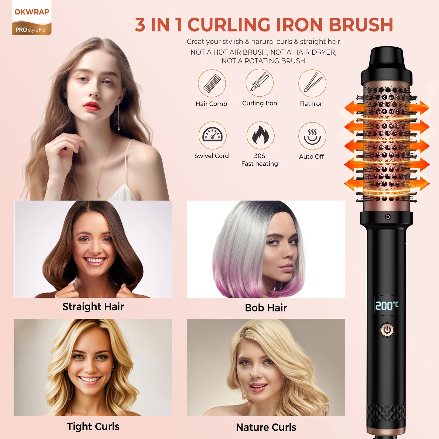 Heated Curling Iron Brush Thermal Brush 32mm Round Brush Ceramic Hair Curler Roller Volumizing Brush 400°F Styling Tools