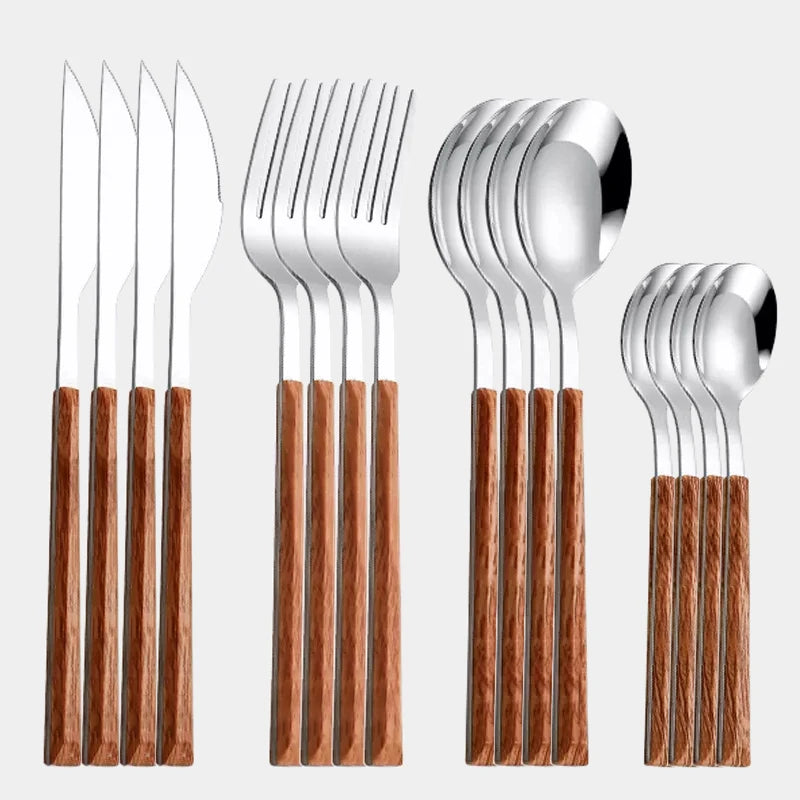 Wood Handle Cutlery Set Korean Stainless Steel Tableware Set Kitchen Knife Fork Spoon Chopsticks Dinnerware Set Tableware Set