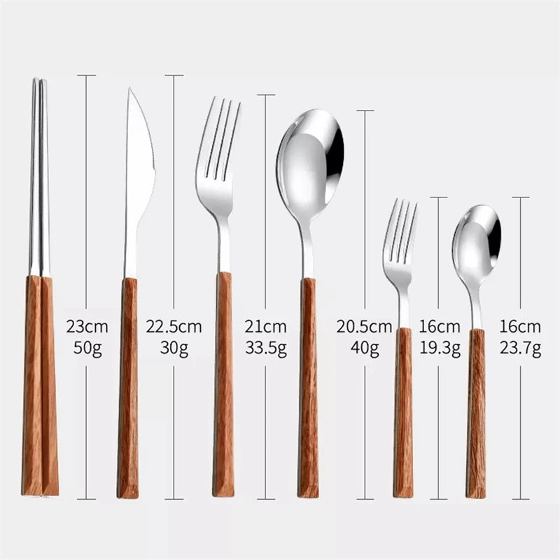 Wood Handle Cutlery Set Korean Stainless Steel Tableware Set Kitchen Knife Fork Spoon Chopsticks Dinnerware Set Tableware Set