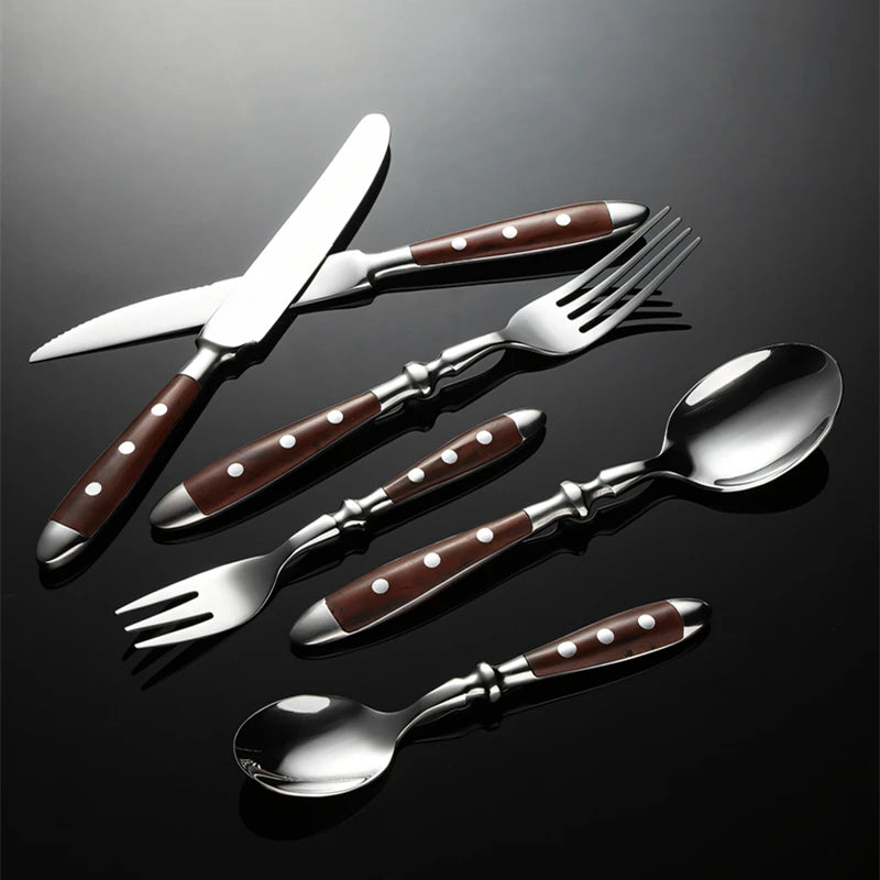 430 Stainless Steel Western Brown Cutlery Set Point Rivets Wooden Handle Dinnerware Knife Fork Spoon Teaspoon for Kitchen