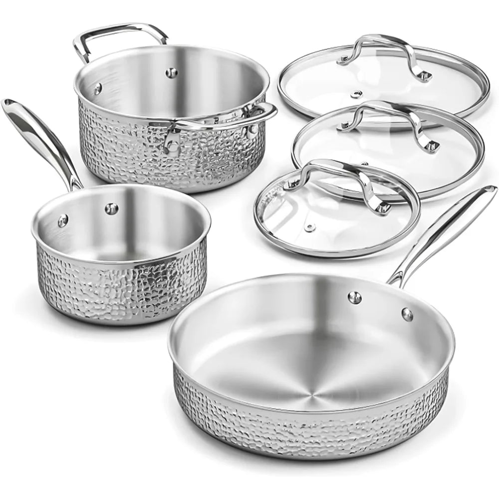 Stainless Steel Hammered Pots and Pans Set with Glass Lid, 6pcs Cookware Set, Kitchen Induction Cooking Pot and Pan Set