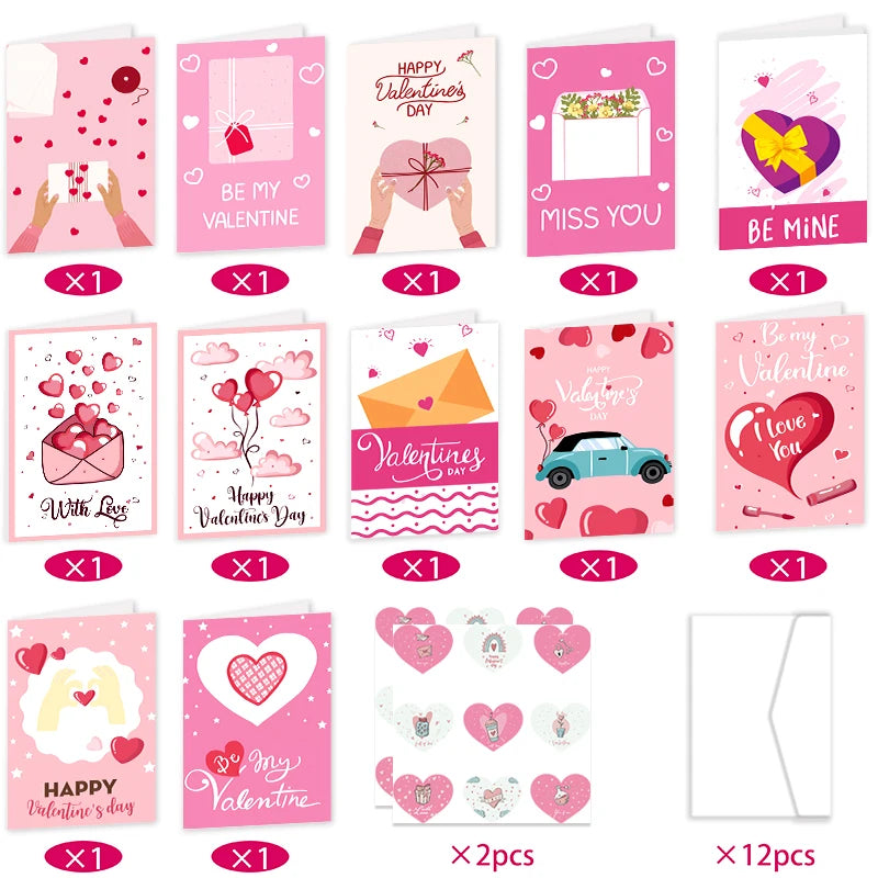 26pcs/set Valentines Day Fold Greeting Cards with Envelopes And Heart Stickers Valentines Day Party Supplies Wedding Party Decor