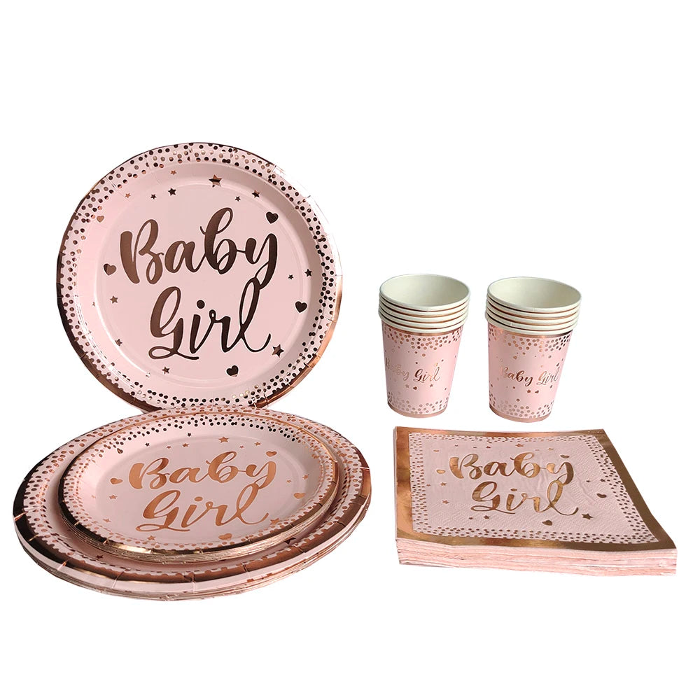 Birthday Disposable Tableware Set Pink Rose Gold White Plates Cups Napkins Tablecloth Girl Birthday Party Decoration Baby Shower