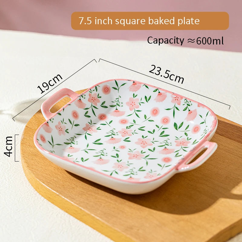 Korean Ceramic Tableware Set Rice Bowl Multi Home Kitchen Exquisite Peach With Lid Binaural Soup Bowl Pink Plate Handle Bowl