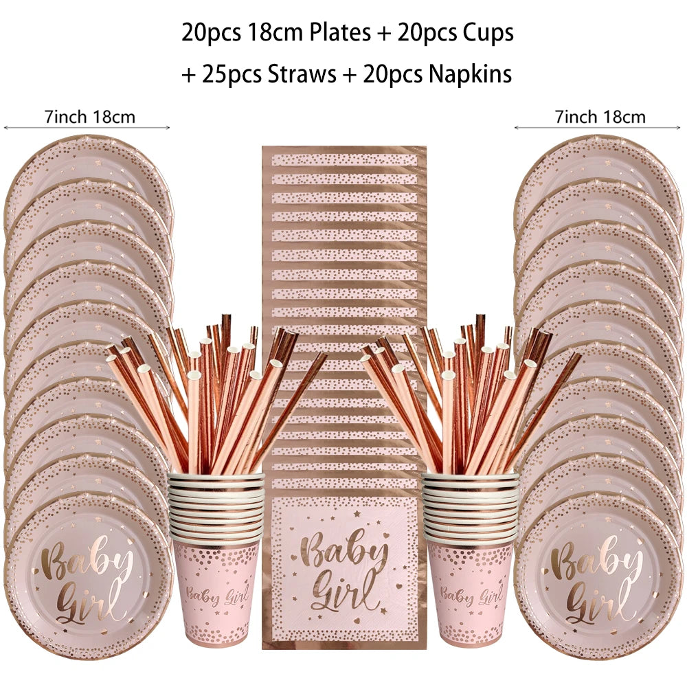 Birthday Disposable Tableware Set Pink Rose Gold White Plates Cups Napkins Tablecloth Girl Birthday Party Decoration Baby Shower