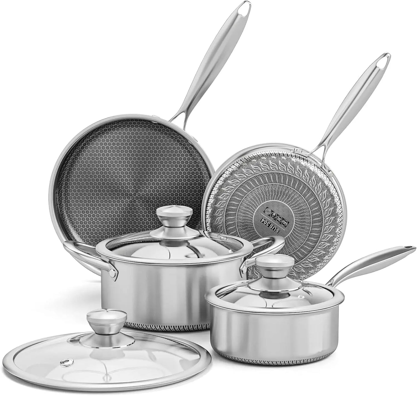 Stainless Steel Hammered Pots and Pans Set with Glass Lid, 6pcs Cookware Set, Kitchen Induction Cooking Pot and Pan Set