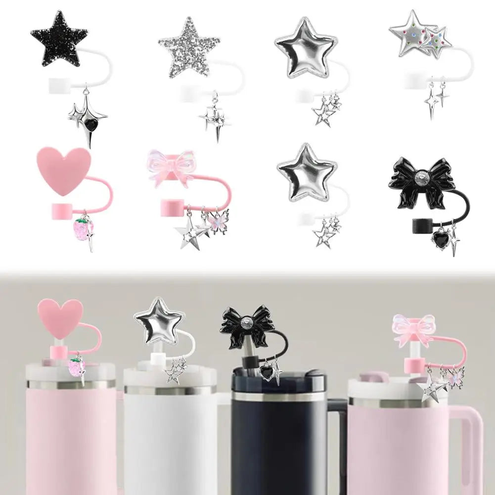 Cute Heart Glitter Stars Silicone Straw Covers for stanley Cup Reusable Drinking Straw Topper Cup Drinking Tips Accessories