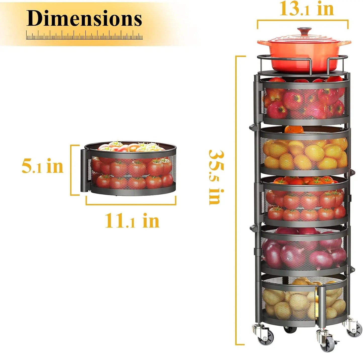 Fruit and Vegetable Basket Bowls for Kitchen with Metal Top Lid, SNTD 5 Tier Rotating Storage Rack Cart for Potato Onion Bread