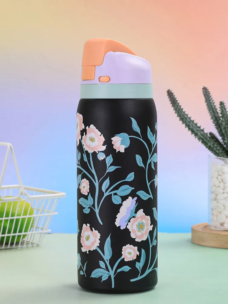 Hot Selling 304 Stainless Steel Insulated Bottle Fashionable Cartoon Pattern Sports Kettle Large Capacity Portable Handheld Cup