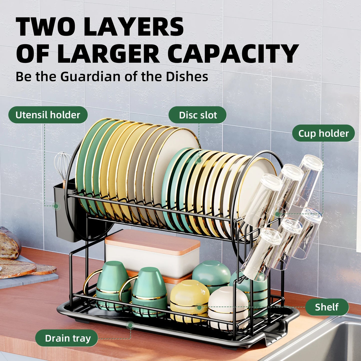 2 tier dish drying rack drain board set tableware drainer Kitchen countertop storage rack cup holder Knife and fork holder