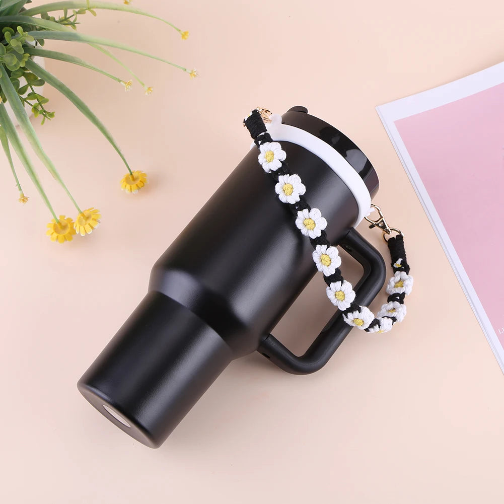 Silicone Woven Daisy Water Bottle Handle Drink Bottle Carrier Strap Water Bottle Sling Holder for Stanley 8-40oz Cup Accessories