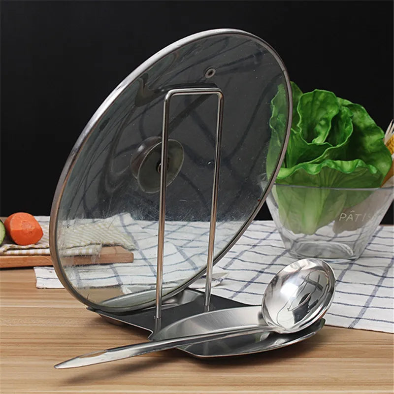 Stainless Steel Pan Pot Cover Stand Silver Color Soup Spoon Holder Drain Rack Stove Organizer Storage Kitchen Accessories