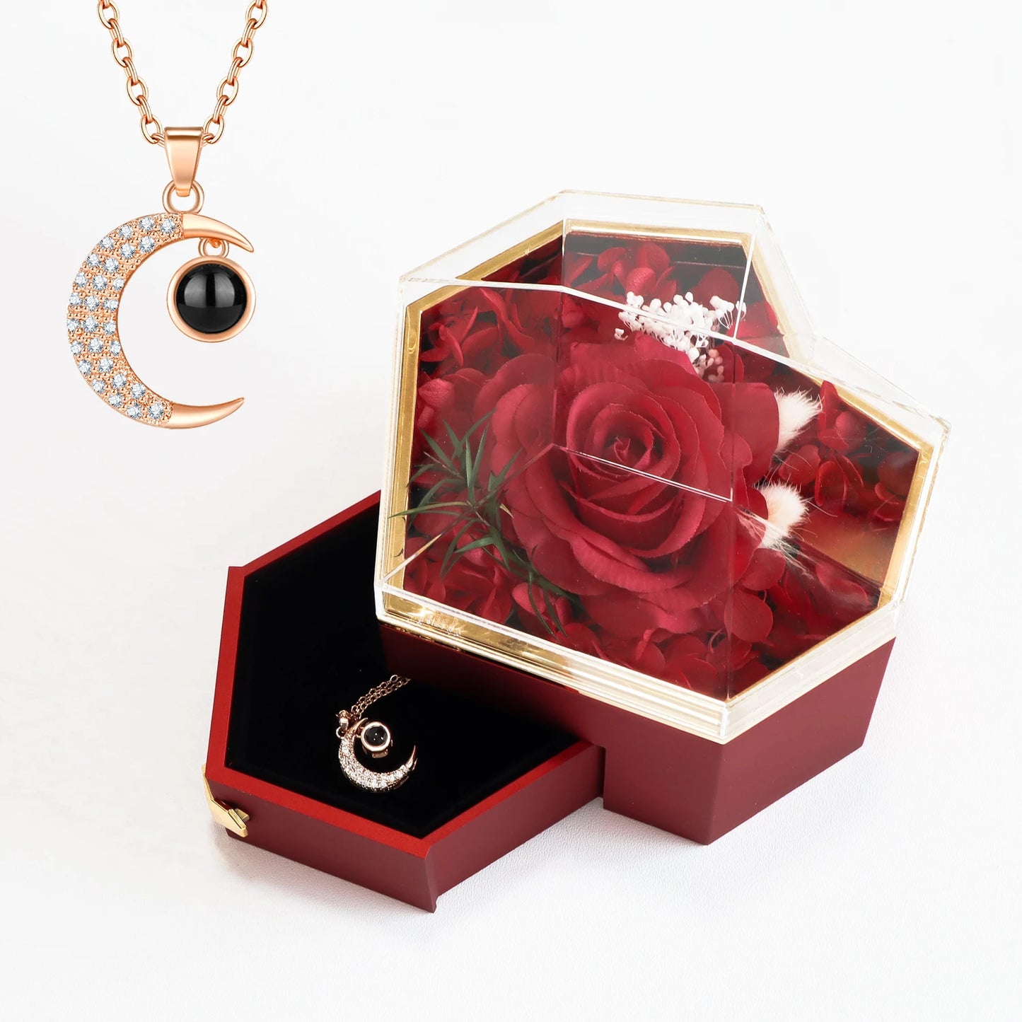 Soap Rose Heart Jewelry Gift Box with Necklace Set Eternal Rose Acrylic Jewelry Drawer Case Love Gifts for Christmas Valentine