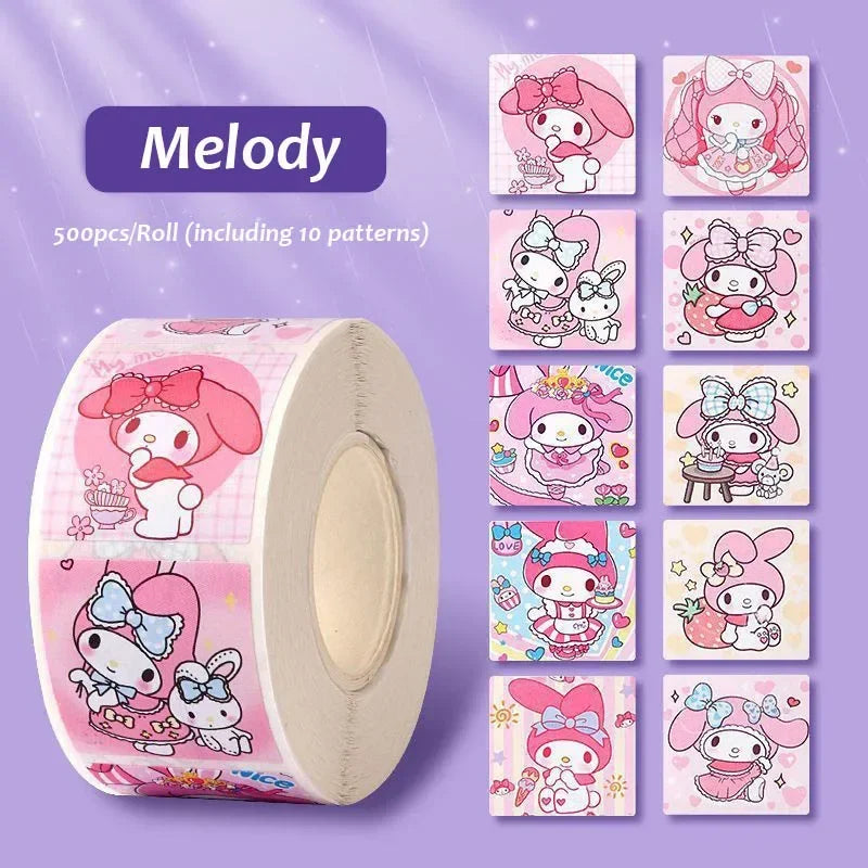 500pcs/Roll Cartoon Sanrio Stickers Kawaii Hello Kitty Kuromi Melody DIY Pvc Laptop Decals Decoration Kid Reward Gift Toy