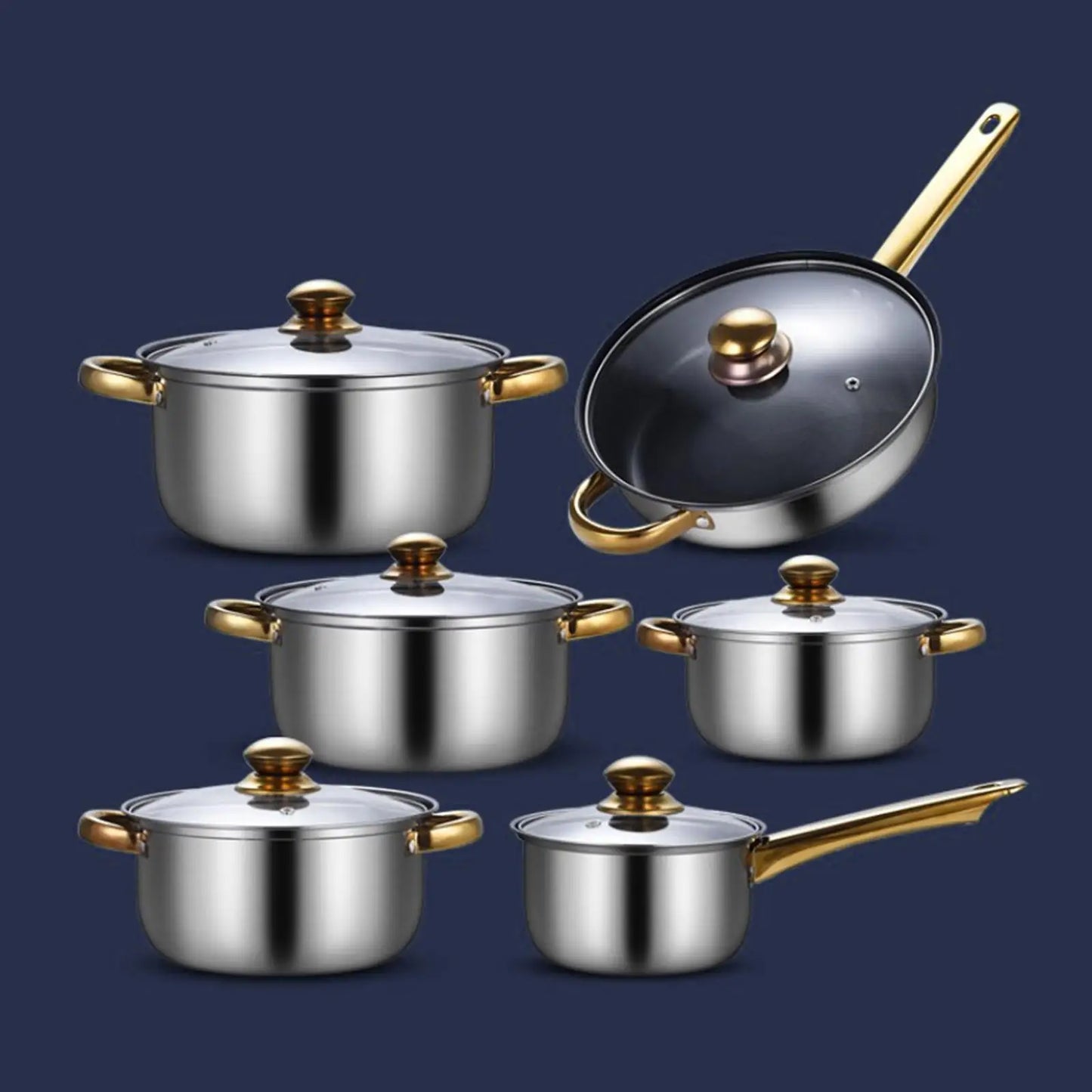 6x Kitchen Stainless steel Cooking Set Ergonomic Handle with Glass Lid Saucepan Portable Pots and Pans Nonstick Kitchen Utensils