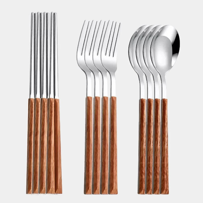 Wood Handle Cutlery Set Korean Stainless Steel Tableware Set Kitchen Knife Fork Spoon Chopsticks Dinnerware Set Tableware Set