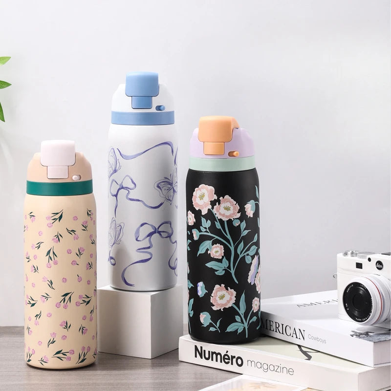 304 Thermos Bottle Cartoon Pattern Bounce Cup Stainless Steel Portable Straw Jumping Cup Large Capacity Outdoor Sport Water Cups