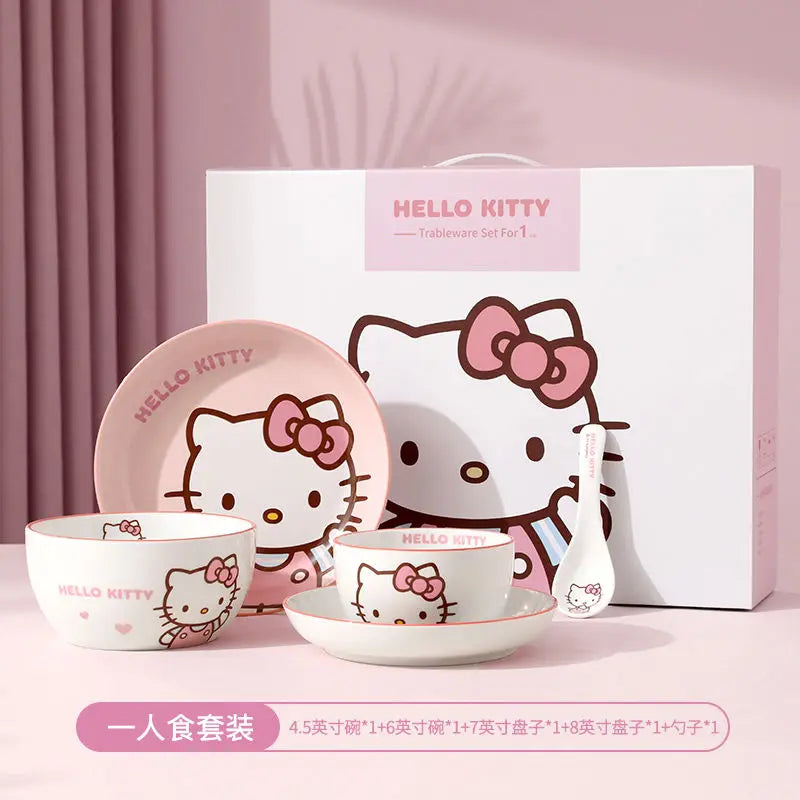 Hot Sale Sanrio Tableware Hello Kitty Bowl Spoon Plate Cartoon Kawaii Ceramic Tableware Kitchen Set Food Storage Household Gifts