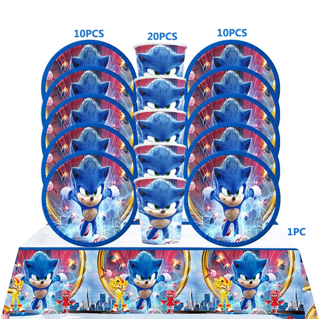 Kit Sonic Party Supplies Boys Birthday Party Paper Tableware Set Paper Plate Cup Napkins Baby Shower Decorations Sonic Gift Bags